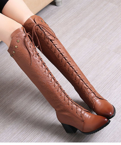 Embossed Lace-Up Tall Boots